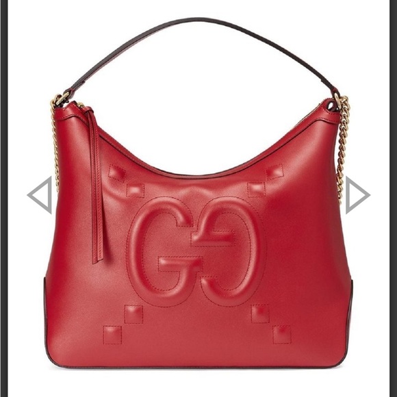 GUCCI RED LEATHER EMBOSSED APOLLO LOGO HOBO SHOULDER/TOTE BAG WITH GOLD CHAINNWT - Picture 5 of 8